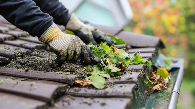 Roofing maintenance tips, showing a homeowner cleaning their roof and checking for damage in a routine inspection