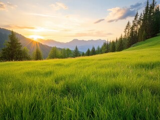 Obraz premium Golden sunset over lush green fields and distant mountains in a tranquil landscape