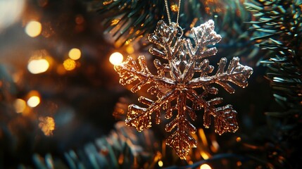 A close-up of a sparkling snowflake ornament hanging from a Christmas tree branch, illuminated by warm lights.