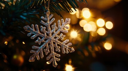 A close-up of a sparkling snowflake ornament hanging from a Christmas tree branch, illuminated by warm lights.
