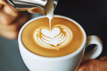 A barista pouring latte art into a cappuccino, creating a heart-shaped design with milk foam