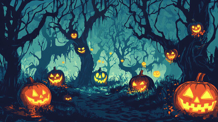 A Halloween event poster featuring a haunted forest, glowing jack-o-lanterns, and twisted trees.