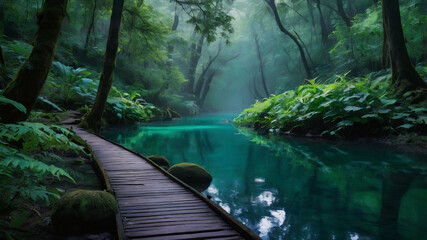 wooden bridge over the river،Reflection of lights on the lake tangled trees ،Planting around the lake ،Light on the bridge ،Falling leaves 