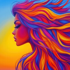 Vibrant colors dance in the sunset as a woman’s profile is illuminated by warm hues