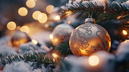 A close-up of Christmas ornaments with intricate designs, glowing warmly under fairy lights on a snow-covered tree.
