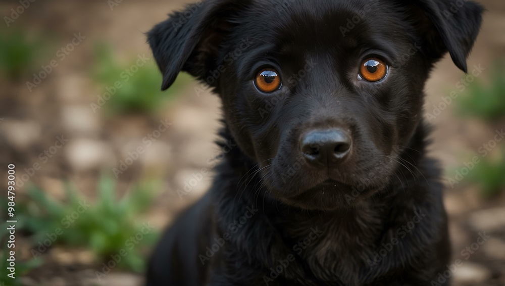 Wall mural black puppy with curious brown eyes staring up.