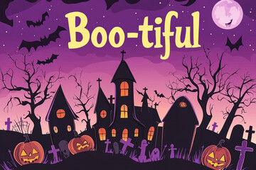 Text "Boo-tiful" on Cartoon Halloween town silhouette, horror night holiday with spooky pumpkins on cemetery.