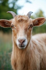 A close-up image of a brown goat with horns standing in a grassy field, exuding calmness and natural beauty.
