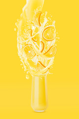 Flow of orange juice pour in drinking glass, levitate orange pieces, drops, splashes on yellow...