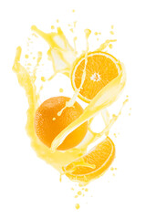 Orange pieces with orange juice, drops, splashes, flows of juice fly, white background, isolated....