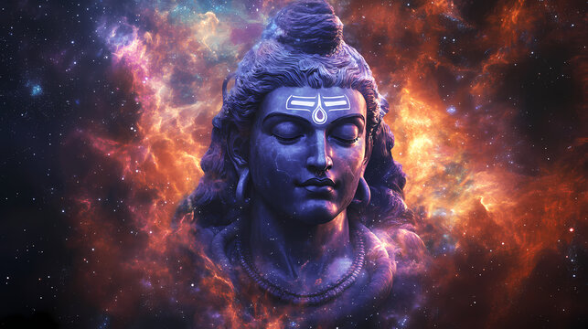 Digital art of lord shiva's face against a stunning nebula background, representing cosmic energy and spiritual awakening. suitable for religious or spiritual themes. Hindu Deities. Illustration