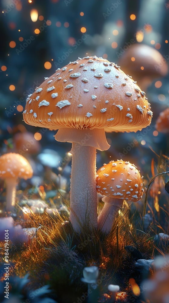 Wall mural enchanted forest mushrooms: a dreamy glow