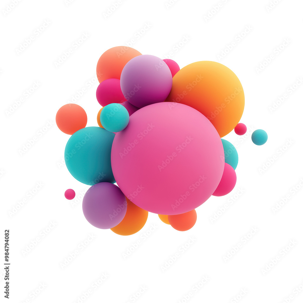 Poster multicolored spherical cluster design with playful arrangement of vibrant circles in various sizes. 