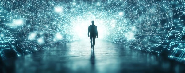 Fototapeta premium Human silhouette walking through a maze of floating digital ideas, representing the path to business innovation, innovation journey, complex business concepts