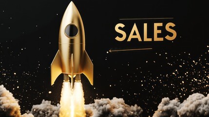 sales boost concept with golden rocket launch, ideal for black friday discounts