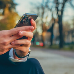 Close up Male hands with smartphone, outdoors. Businessman is typing text messages on mobile phone sitting in the park. Human holds cell phone close up. Man holds mobile phone. Connection concept.