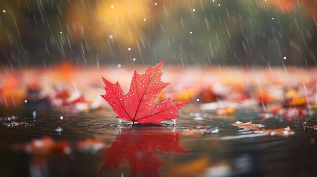 A red maple leaf falls on the water, raindrops dance in the air and fall onto it. 