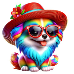 3D illustration of a cute dog wearing a hat and glasses with a transparent background (PNG). AI Generated