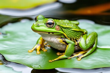 Obraz premium A close-up of a frog sitting on a lily pad, its green skin blending perfectly with the pond surroundings