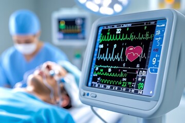 A close-up of a heart monitor, showing the patientâ€™s heart rate and vital signs during a procedure
