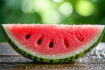 A close-up of a juicy watermelon slice, with droplets of water glistening in the summer sun