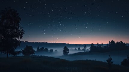 Fototapeta premium Stars in a foggy night, where the soft glow of distant stars shines faintly through a misty, ethereal landscape.