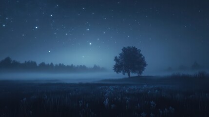 Fototapeta premium Stars in a foggy night, where the soft glow of distant stars shines faintly through a misty, ethereal landscape.