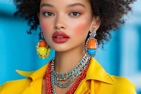 A close-up of a modelâ€™s bold accessories, featuring chunky necklaces, statement earrings, and colorful bracelets