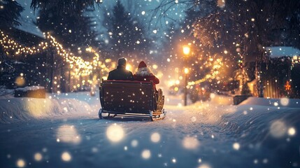A couple enjoying a sleigh ride through a winter wonderland, with soft snow falling and holiday lights glowing in the distance.