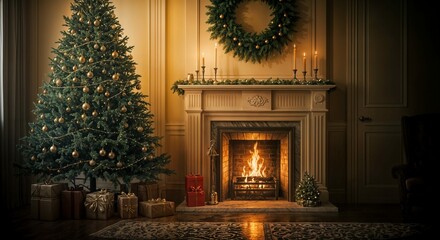 luxurious interior with fireplace and Christmas tree