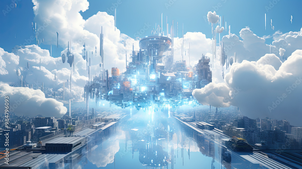 Poster concept of a digital city with cloud connections. futuristic network in the clouds.
