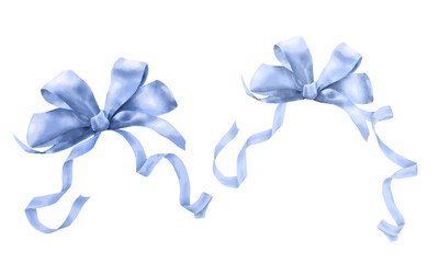 Lush bow with satin ribbons. Watercolor digital illustration. Blue elegant ribbons twisted into curls, isolated on background. Delicate blue silk bows for festive compositions