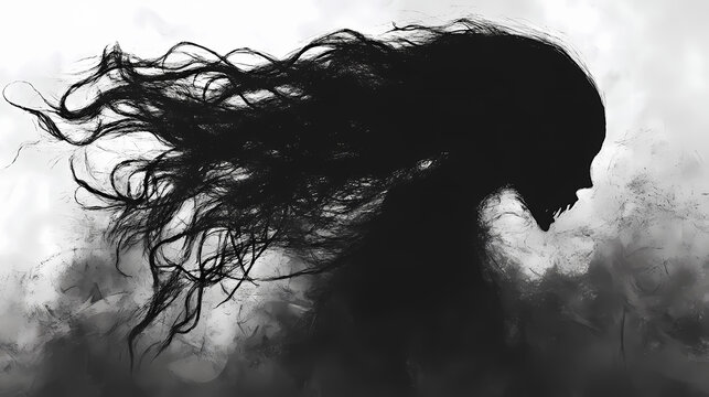 Eerie silhouette of a screaming banshee in haunting grayscale. Banshee. Illustration