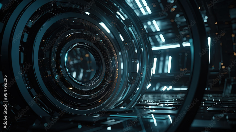 Poster Technology abstract background with hud styled round interface elements in neon tech light.