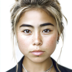 A captivating close-up portrait of a beautiful young Asian woman with delicate freckles, radiating natural elegance with an edge.