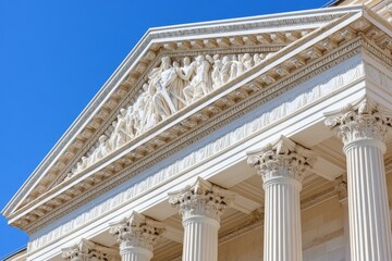 A close-up of the columns and pediment of a neoclassical building, showcasing its timeless design