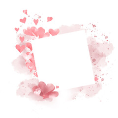 Obraz premium Cute hearts on a square frame. illustration in watercolor style. Romantic postcard, made of pink small hearts. Watercolor lspots and valentines isolated on background. Valentine's day and birthday