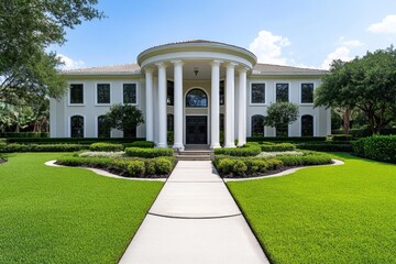 A colonial-style house, with white pillars, symmetrical windows, and a well-maintained front garden