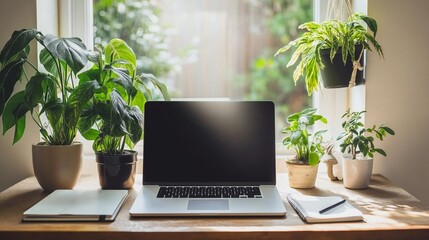 A cozy home office setup with a laptop, notebook, and potted plants on a wooden desk by a large window, bathed in sunlight, creating a fresh and natural working space