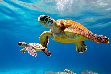 Obraz premium A family of sea turtles swimming through the ocean, with the mother leading her babies across the coral reef