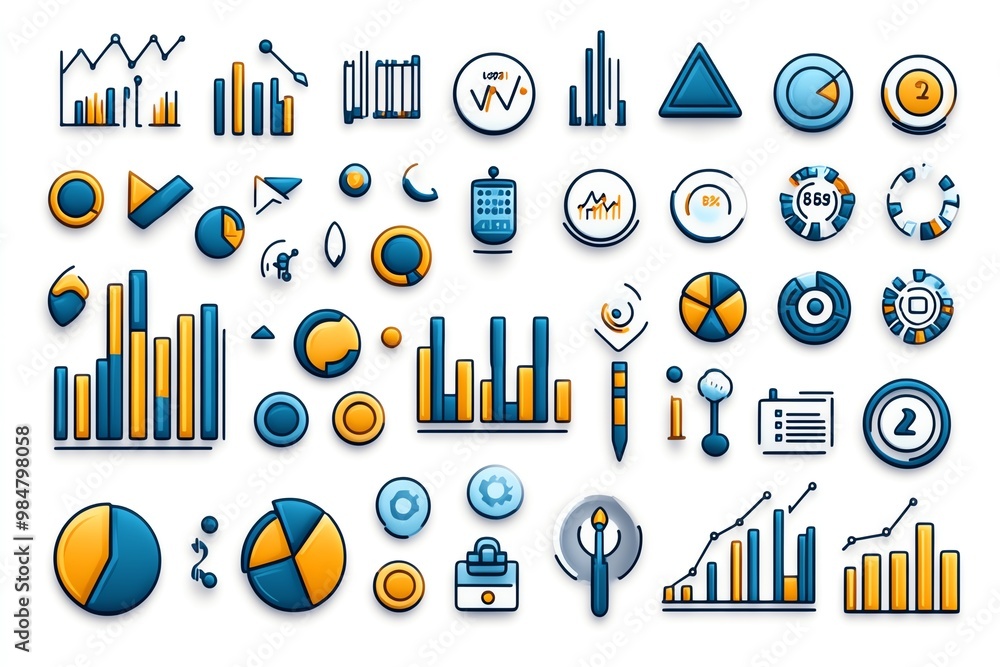 Poster Business analytics icons, including bar graphs, pie charts, and data points arranged in a clean, modern layout