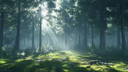 Sunlight filtering through a serene forest