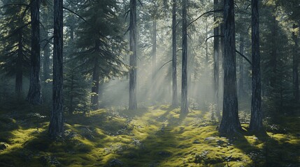 Obraz premium Sunlight beams through dense forest trees