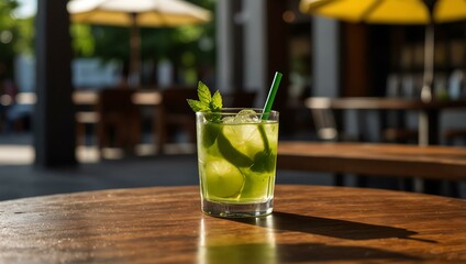 Caipirinha drink in a trendy cafe with shadow play outdoors.