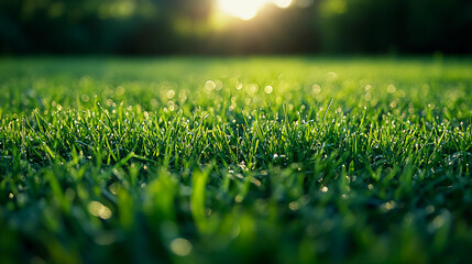 Naklejka premium Green Lawn with Dew Drops. Sunrise Summer Morning