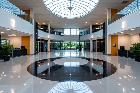 A glass-domed atrium in a modern office building, allowing natural light to flood the interior