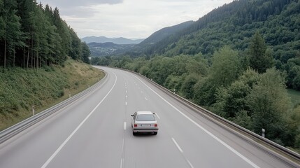 Fototapeta premium A solitary silver SUV travels the wide motorway in Germany, surrounded by gray asphalt and soft lighting from the overcast sky, creating a tranquil ambiance