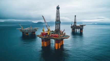 Offshore drilling platforms in the middle of the ocean, showing large-scale operations