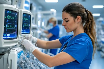 A healthcare worker disinfecting medical equipment, ensuring cleanliness and safety in a hospital