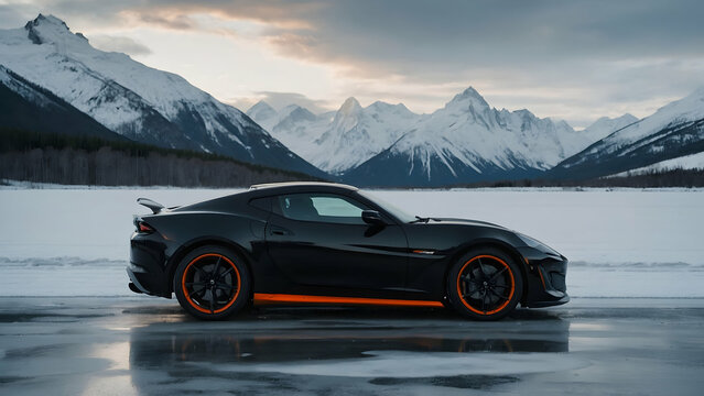 A black and orange sports car parked on a snowy landscape with mountains in the background. The car is positioned sideways, with the mountains and snow providing a scenic backdrop.